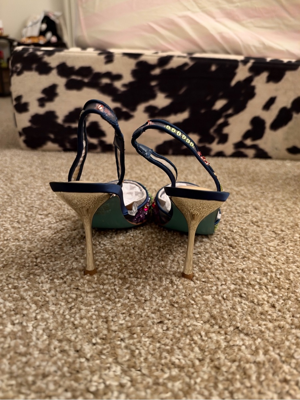 Betsey Johnson Navy Mesh Slingback Heels with Multicolor Floral Embellishments - Picture 2 of 7